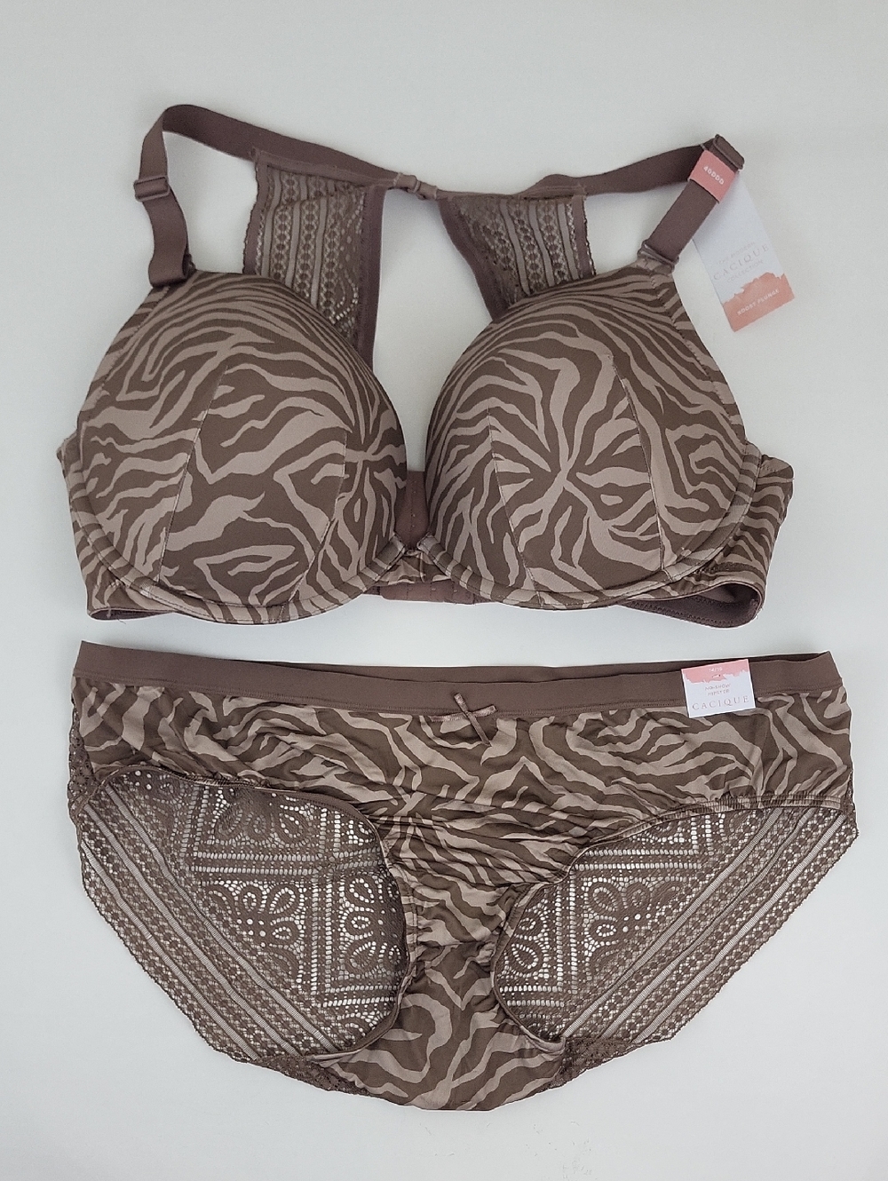 NWT Cacique Zebra Taupe Lace Boost Plunge Bra & Hipster Panty Set 40DDD & 14/16